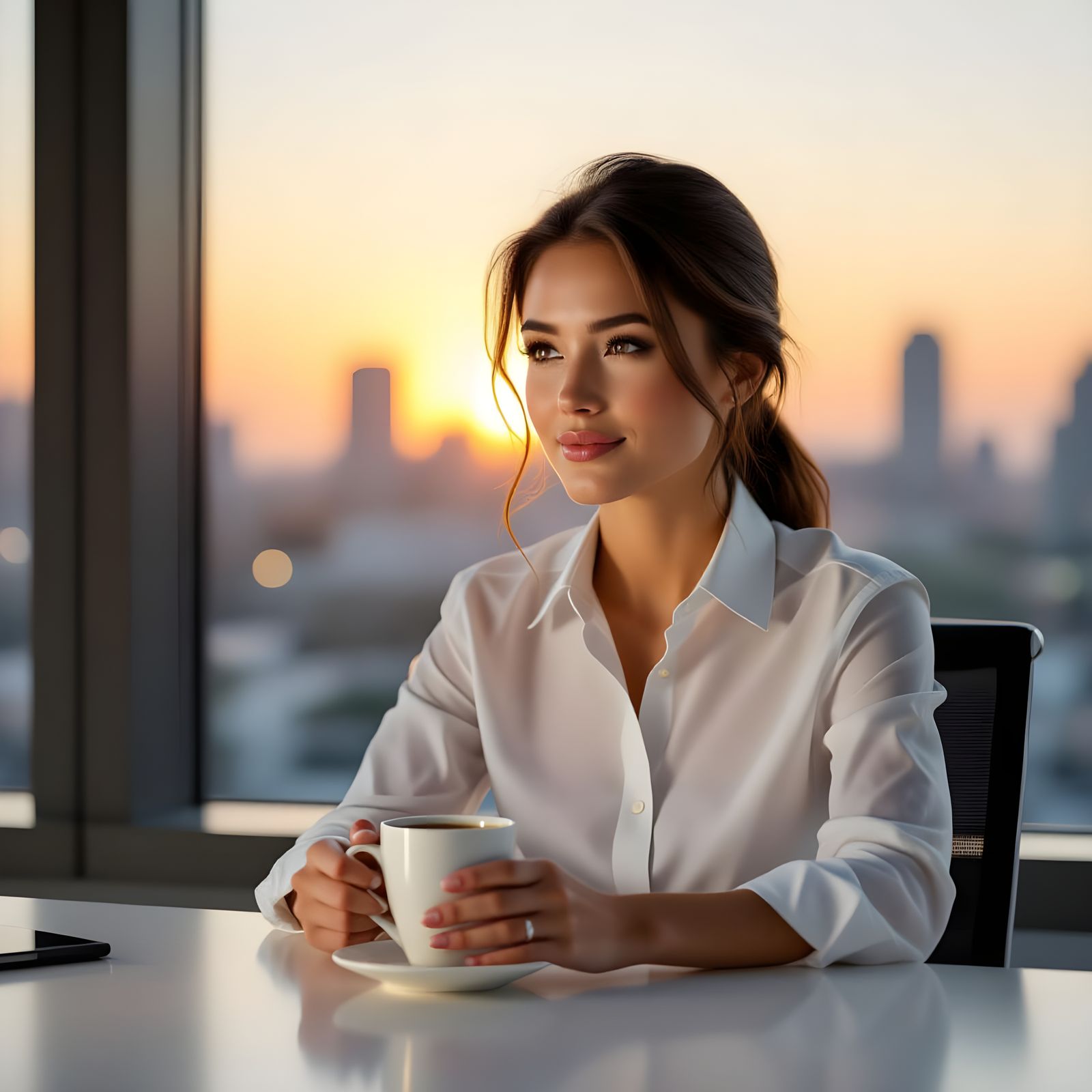 Young Professional Woman's Coffee Break in Golden Light