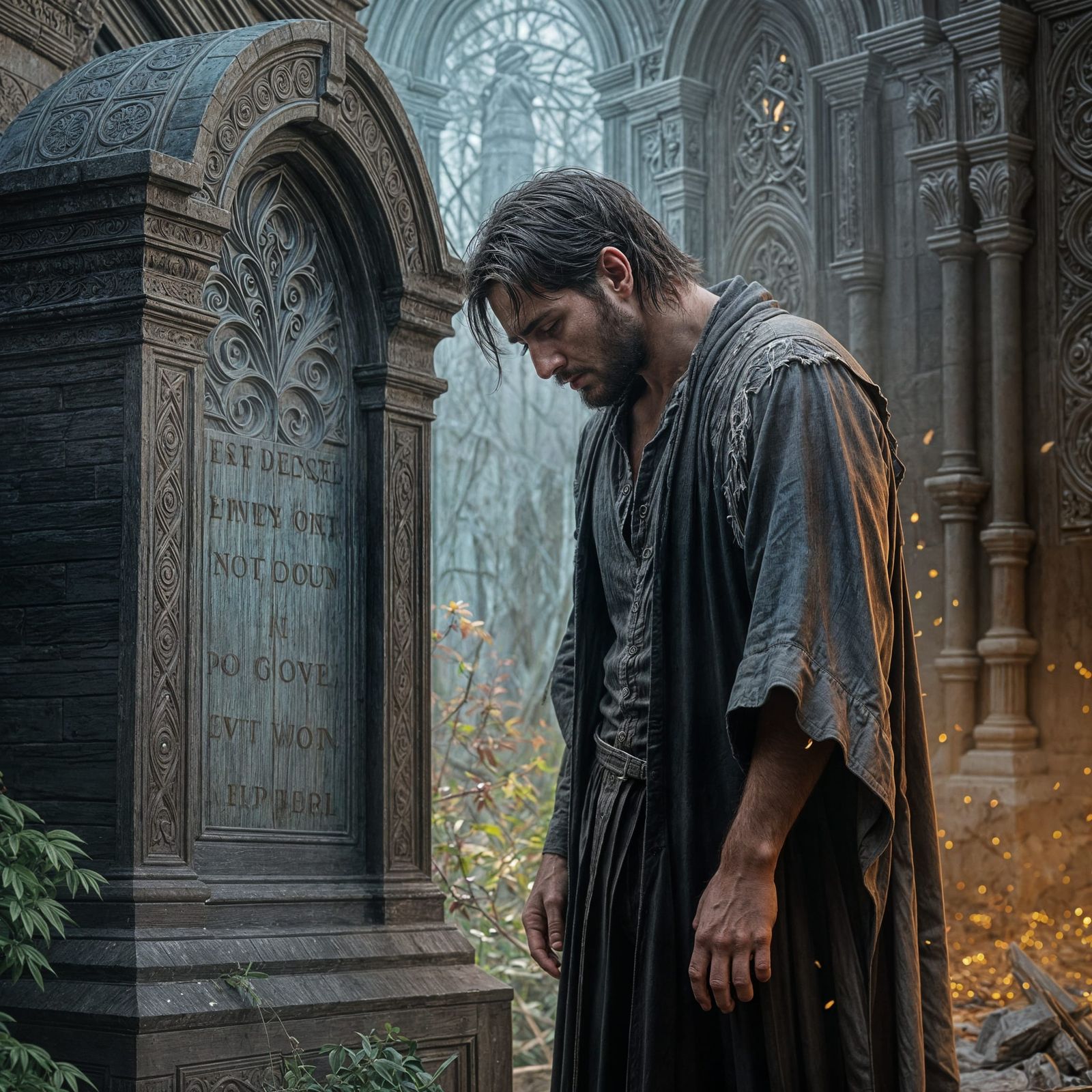 Grieving Man Mourns Loss in Mystical Crypt