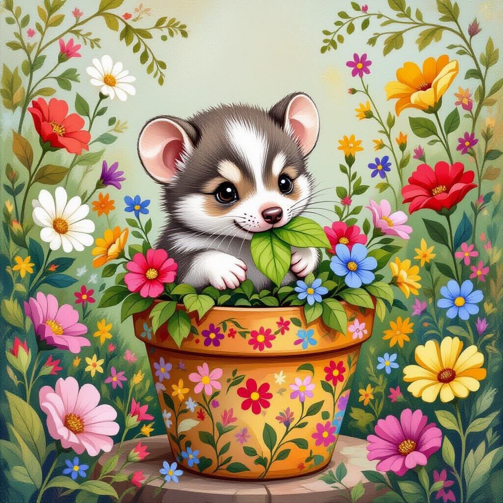 An adorable baby husky dumbo rat in a flower pot eating a le...