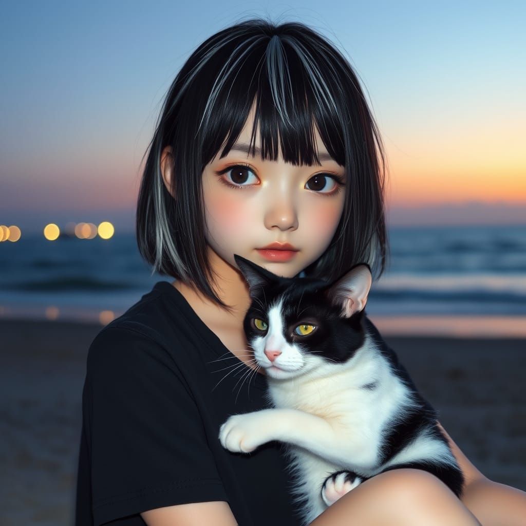 Girl with Emoscene Hair on Beach at Night