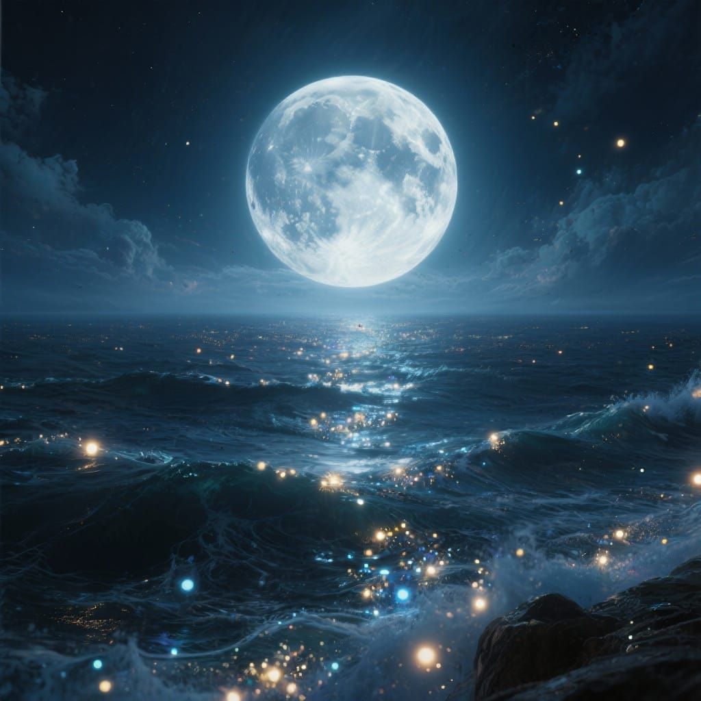 Enchanting Full Moon Over Magical Ocean Night