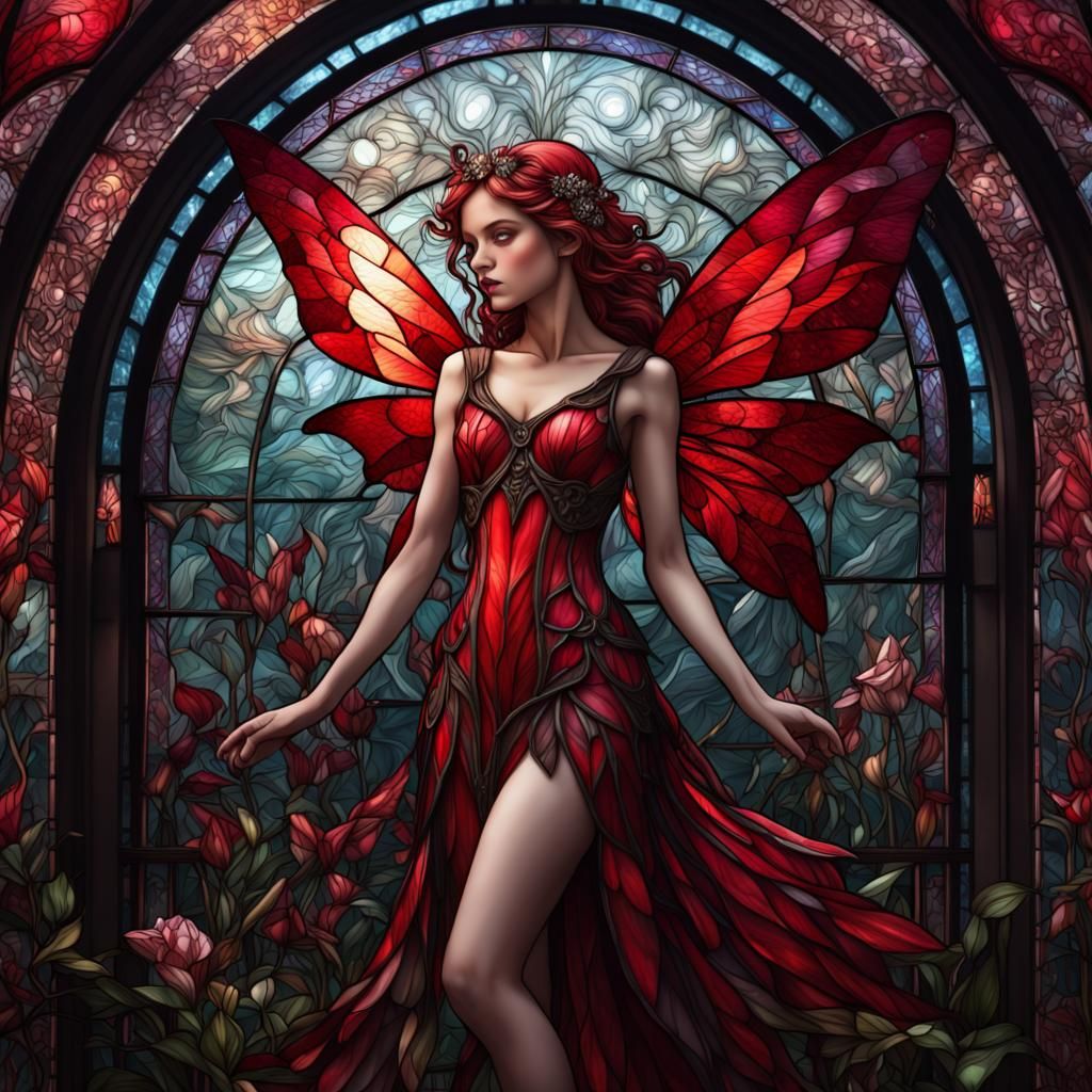 Stained Glass Fairy in Red Tones