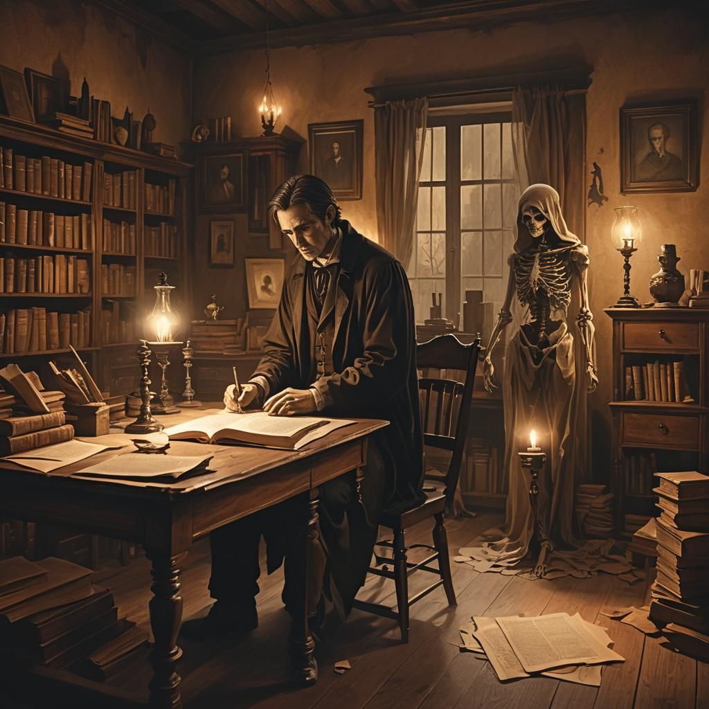 Ethereal Woman in Sepia-Toned Gothic Library