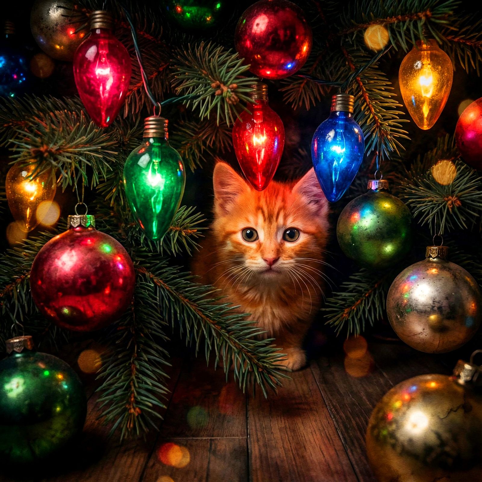 Christmas Kitten Hiding Among Twinkling Lights