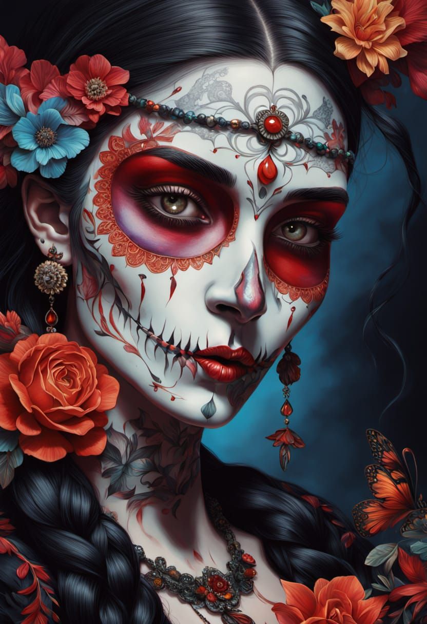 Surreal Catrina Skull with Floral Tattoos and Jewelry