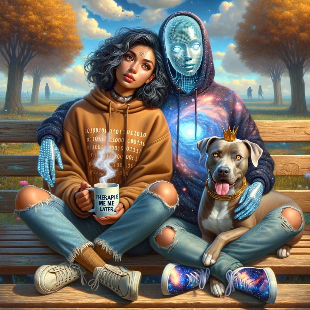 Latina Woman and AI Companion in Digital Painting