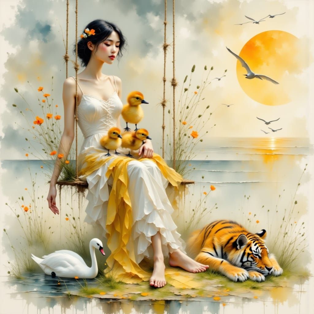 Gentle River Village: Swans, Dragon, and Fiery Sunset