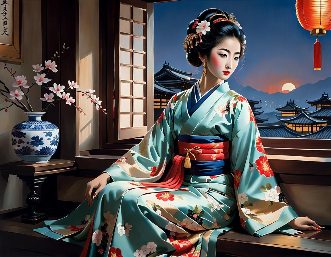 Elegant South Asian Woman in Kimono: Fine Art Painting