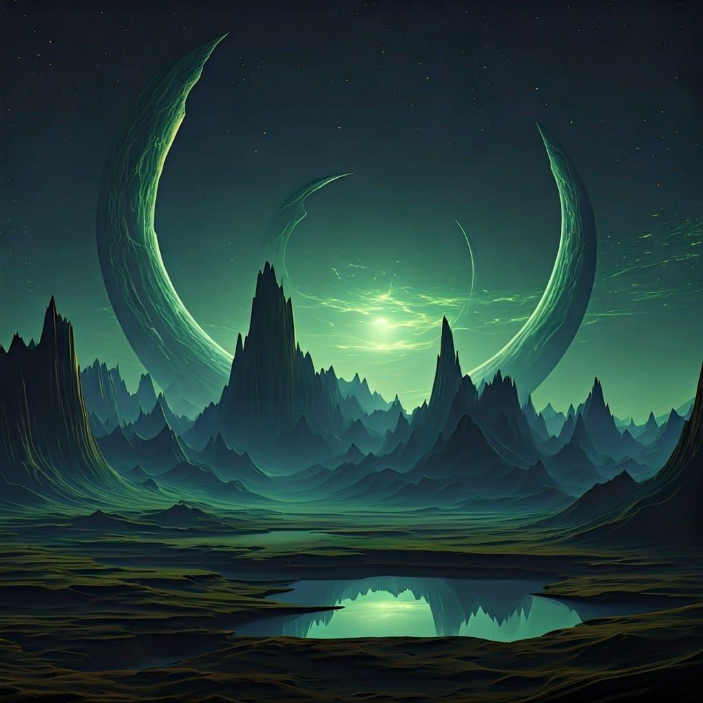Green Alien Planet at Night with Magical Skycaps