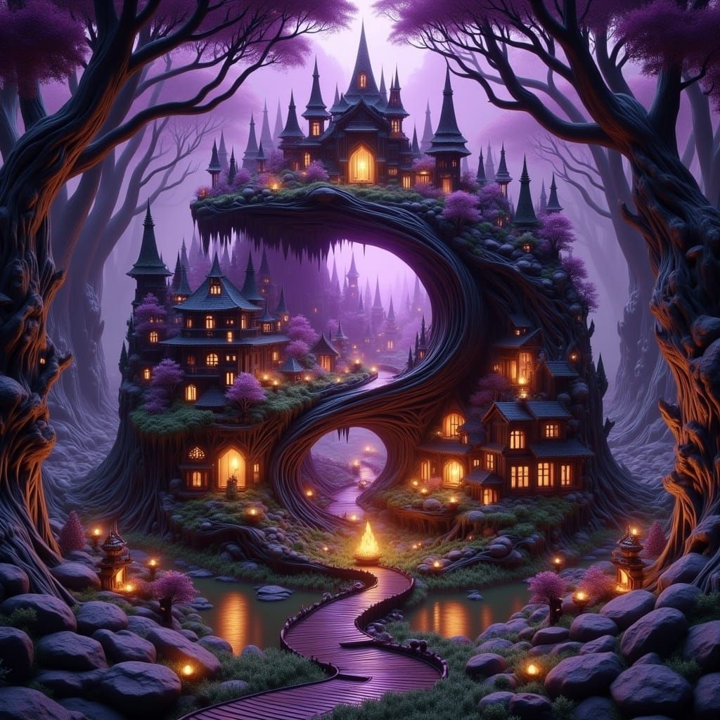 Whimsical Forest Hut Confronts Dark Medieval Fantasy Town in...