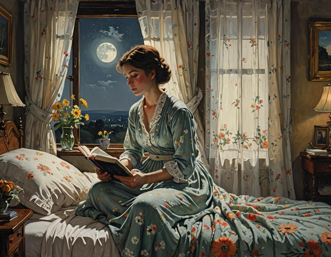 Woman Reading by Moonlight, Oil Painting