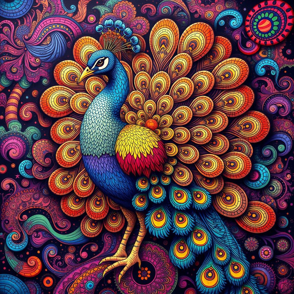 Psychedelic Peacock in Whimsical Folk-Art Aesthetic