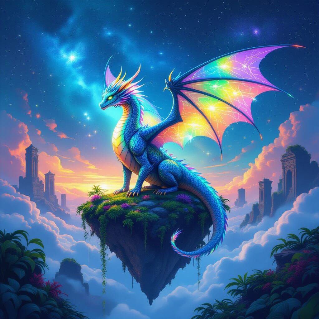 Bioluminescent Dragon on Floating Island in Nebula