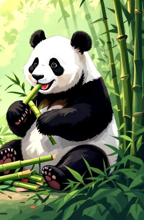 Pandas Eating Sugar Cane in Natural Setting