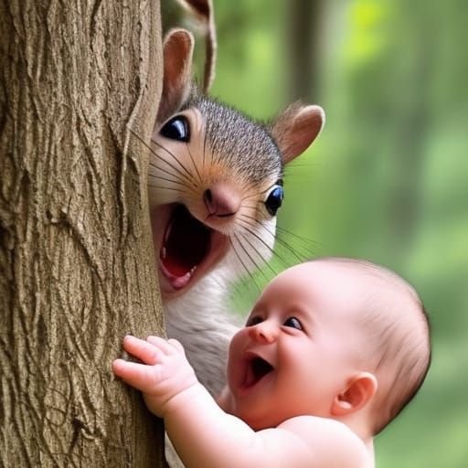 Cute Baby Laughing with Squirrel