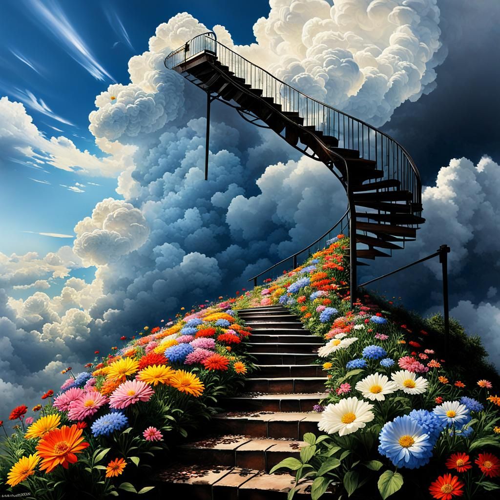 Epic Stairway to Heaven with Flowers, Digital Art