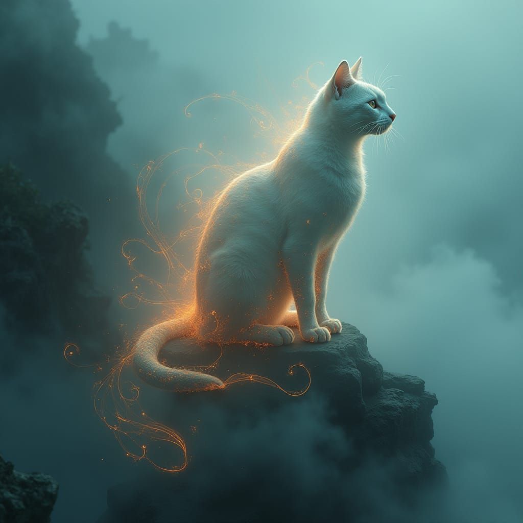 Ethereal Feline Formed from Fog, Perched on Rocky Coast