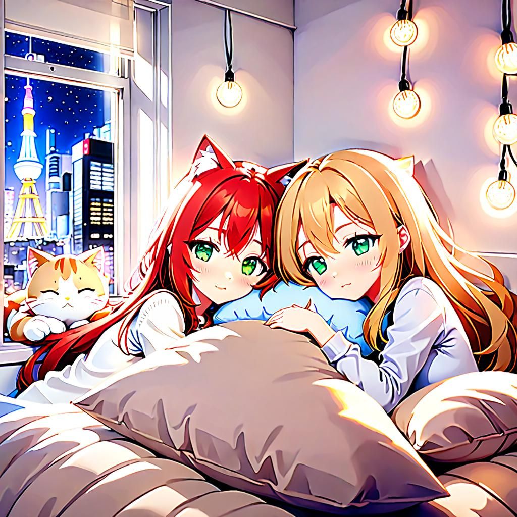 Cute Anime Girls Sleeping in Tokyo, Cel-Shaded Style