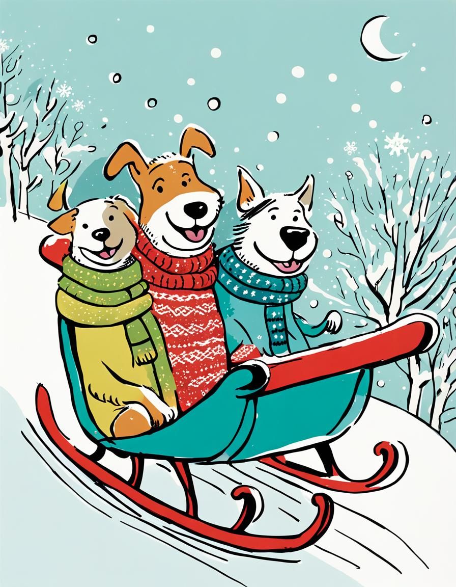 Whimsical Dogs and Cats Tobogganing in a Snowy Landscape