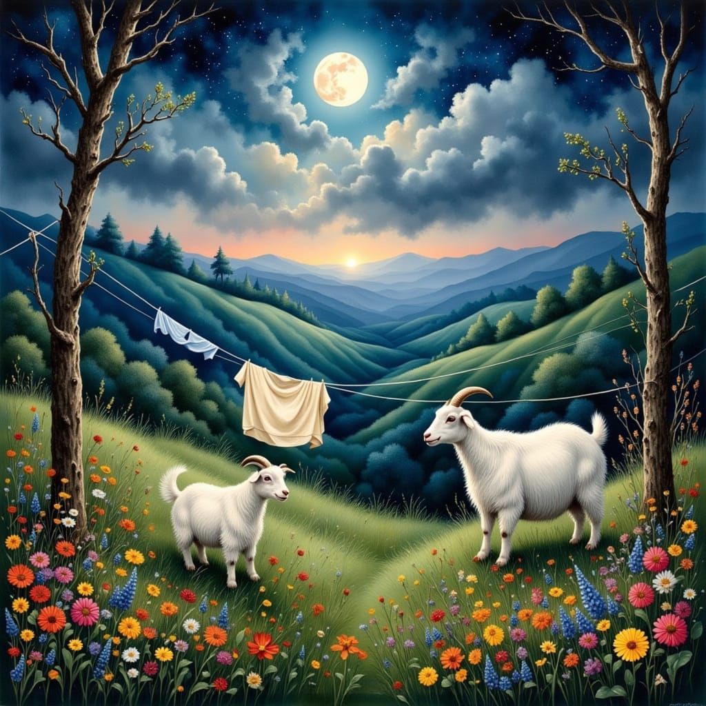 Billy Goats Feast Under Moonlight: Impressionistic Landscape
