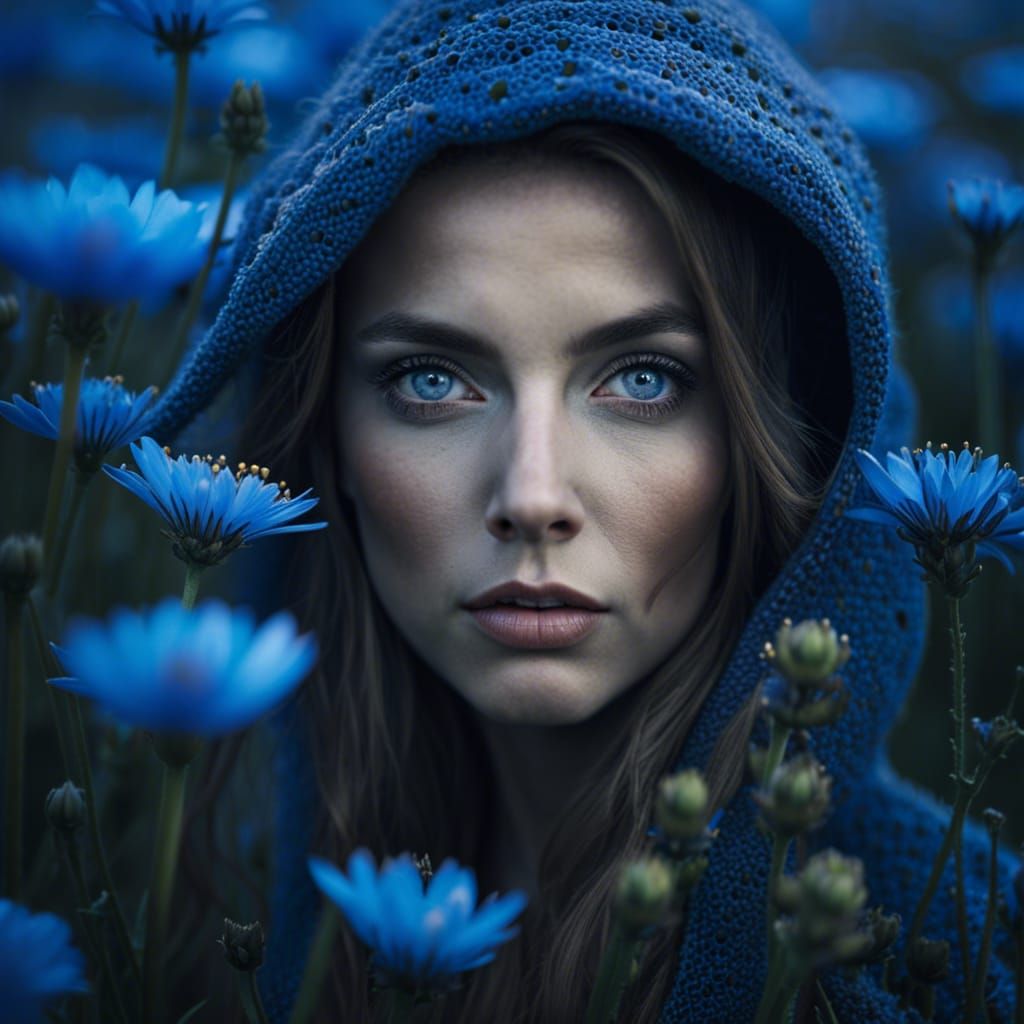 Gorgeous Woman in Blue Flower Field Portrait