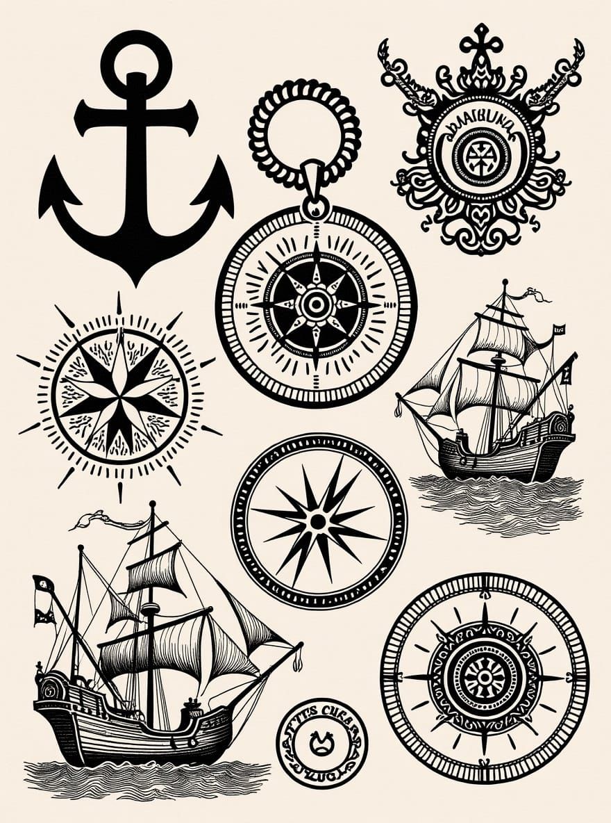 Nautical Tattoo Sheet in Anime Style