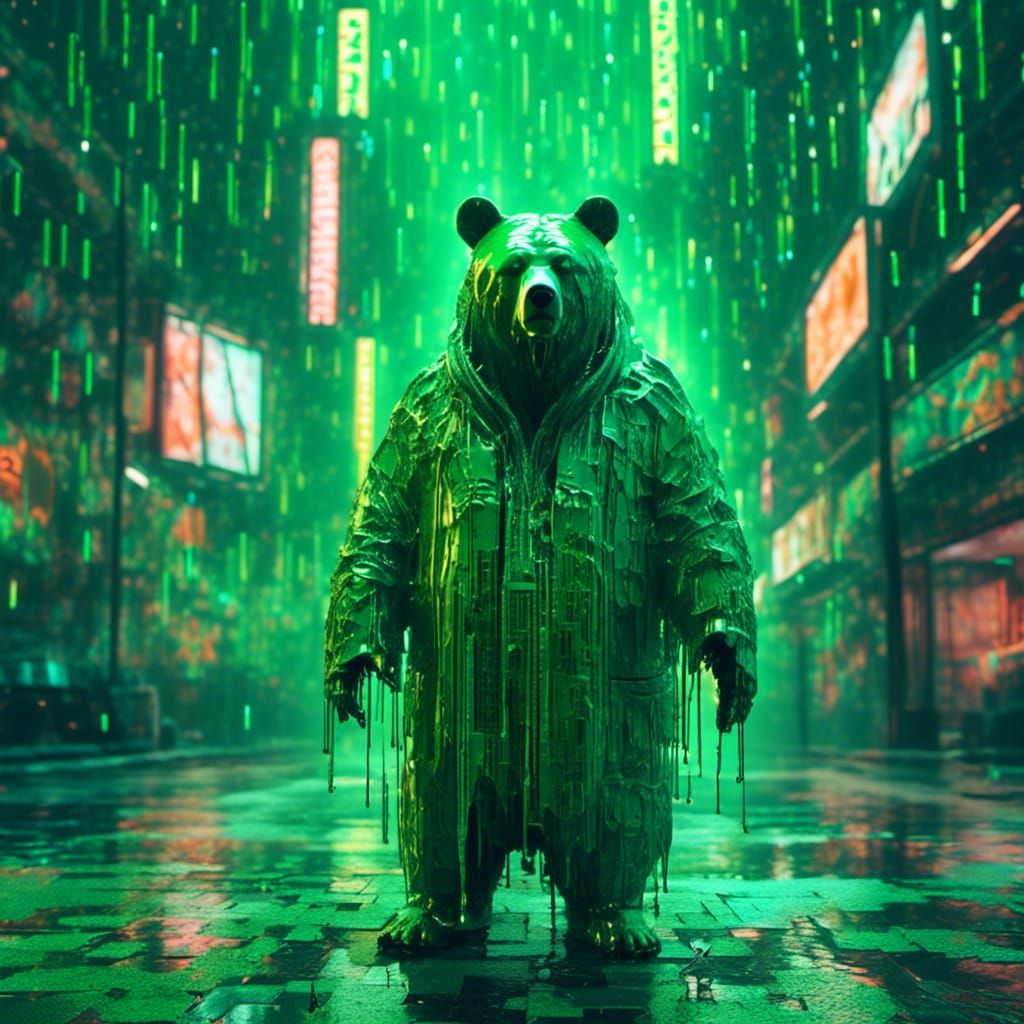 Glitch Art: Bear with Headset in Green Binary Robe