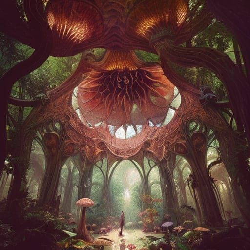 Hyperion Jungle with Giant Mushrooms in Cel-Shaded Style