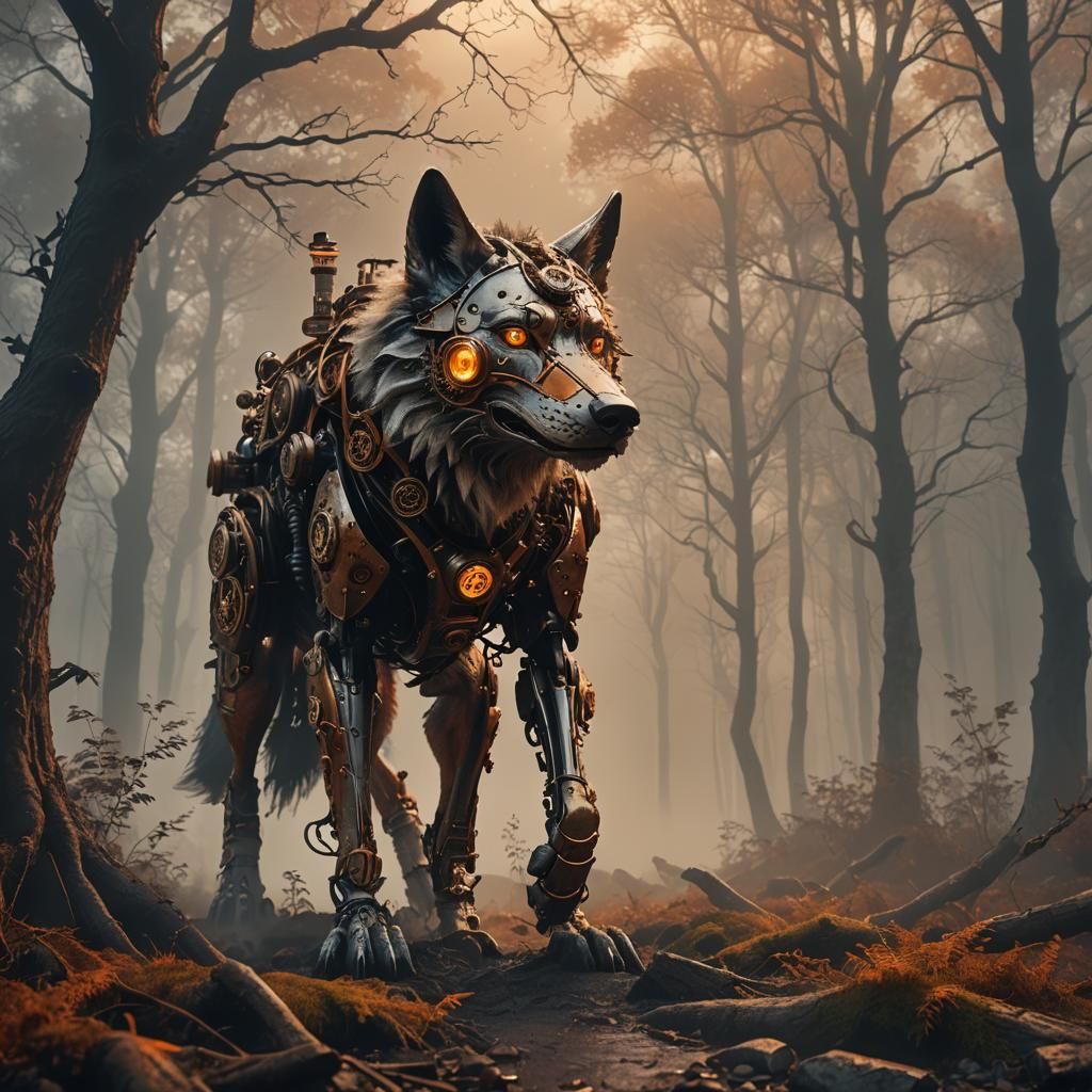Steampunk Wolf in Foggy Forest: Digital Art