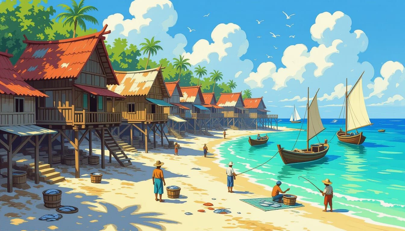 Whimsical Coastal Village with Thai and Mediterranean Themes