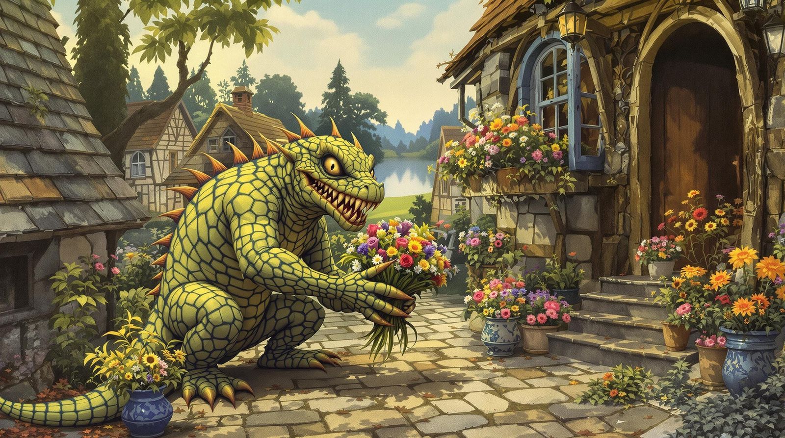 Scaly Creature Delivers Flowers: Fantasy Surrealism