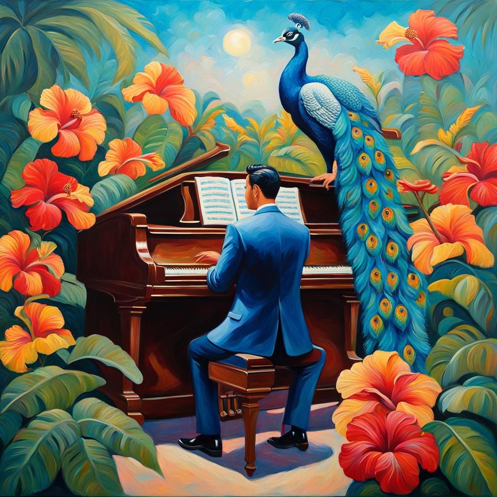 Person Playing Piano with Peacocks in Neo-Impressionism Styl...