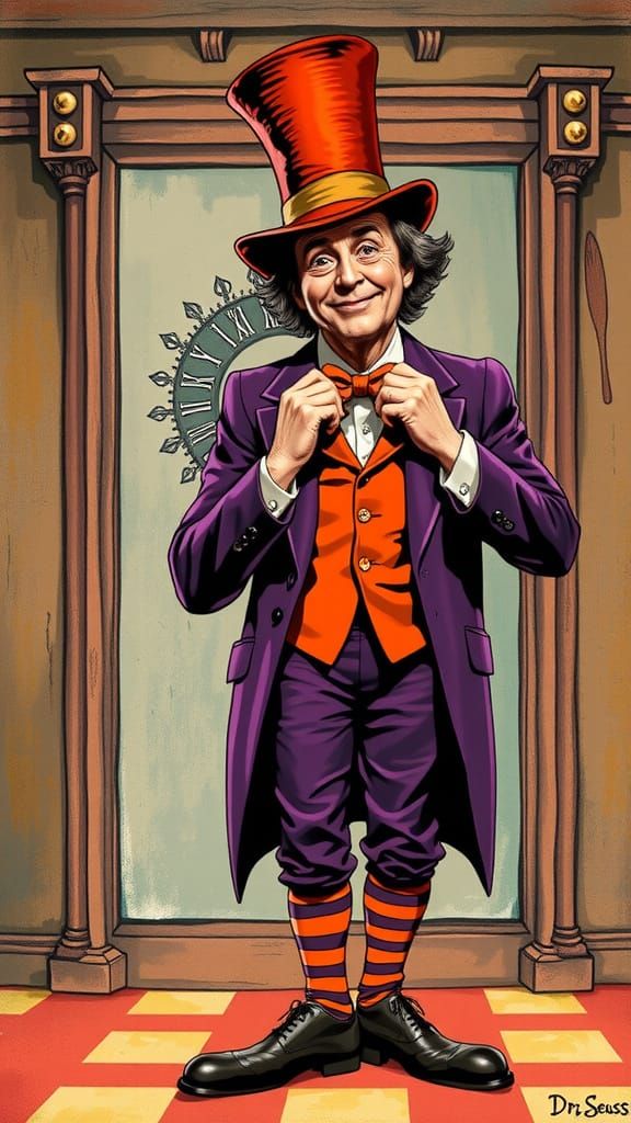 Whimsical Portrait of Willy Wonka in Vintage Poster Style