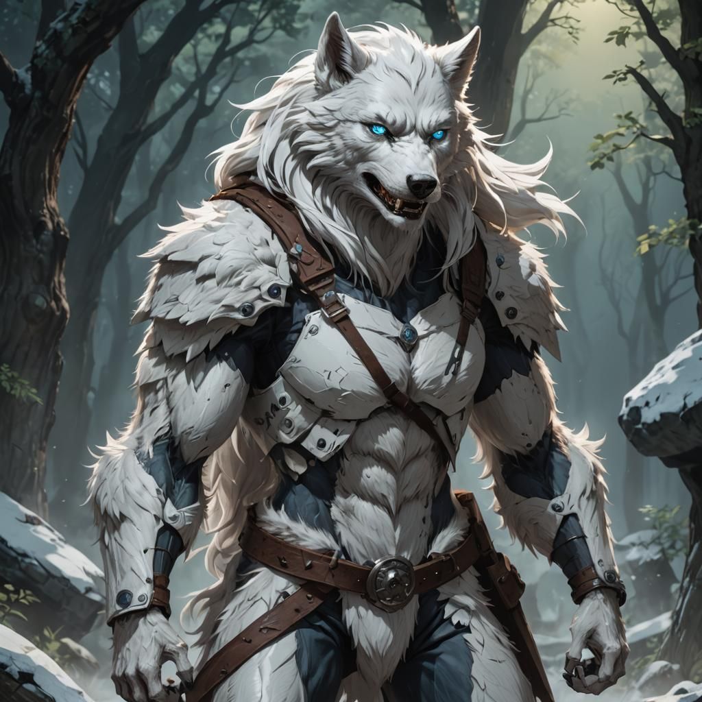 Blue-Eyed White Werewolf in Anime Style
