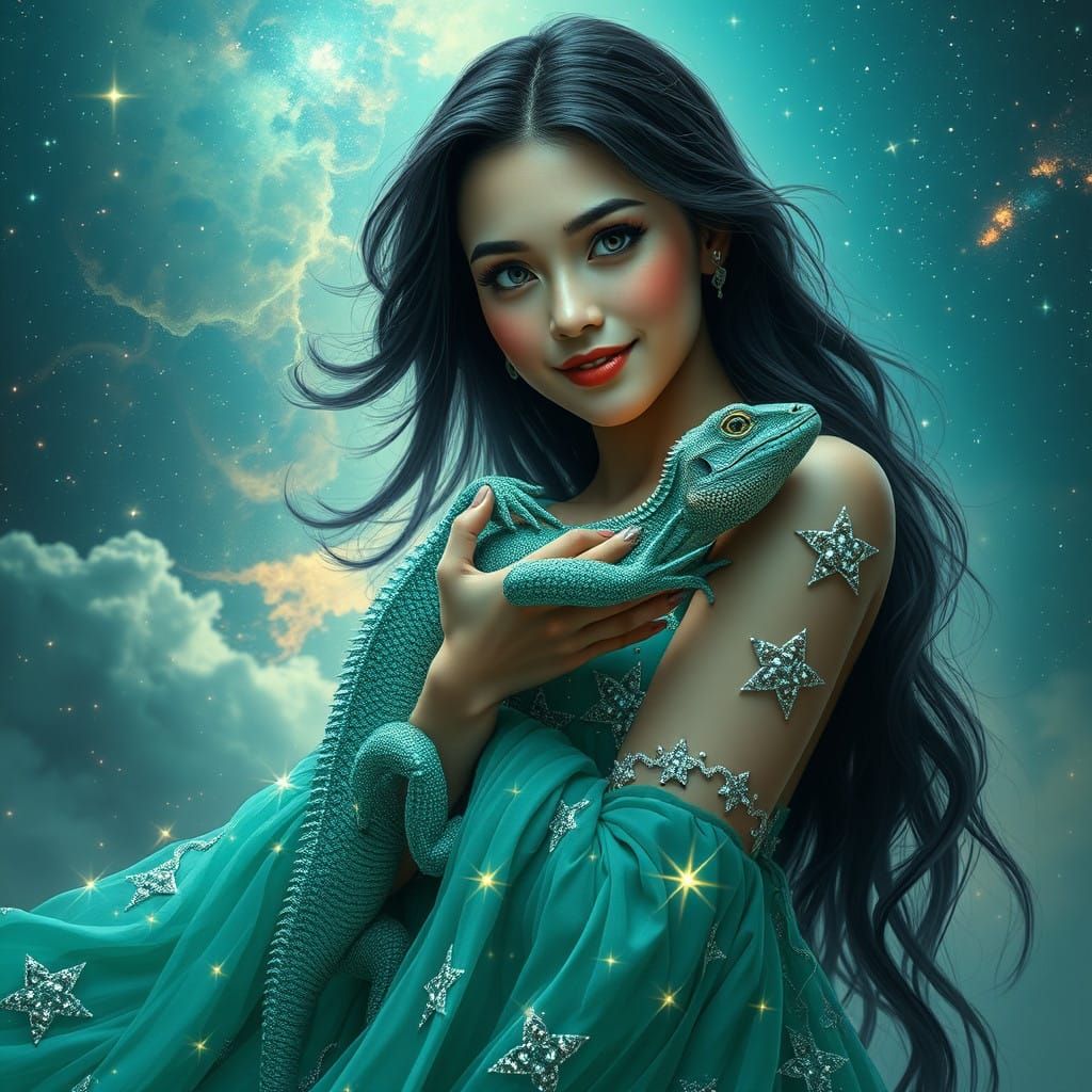 Ethereal Fantasy Scene with Celestial Woman and Realistic Li...