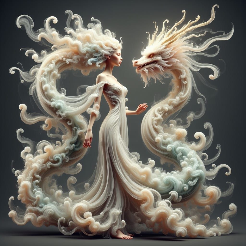 White Dragon with Chinese Maiden: Fantasy Art