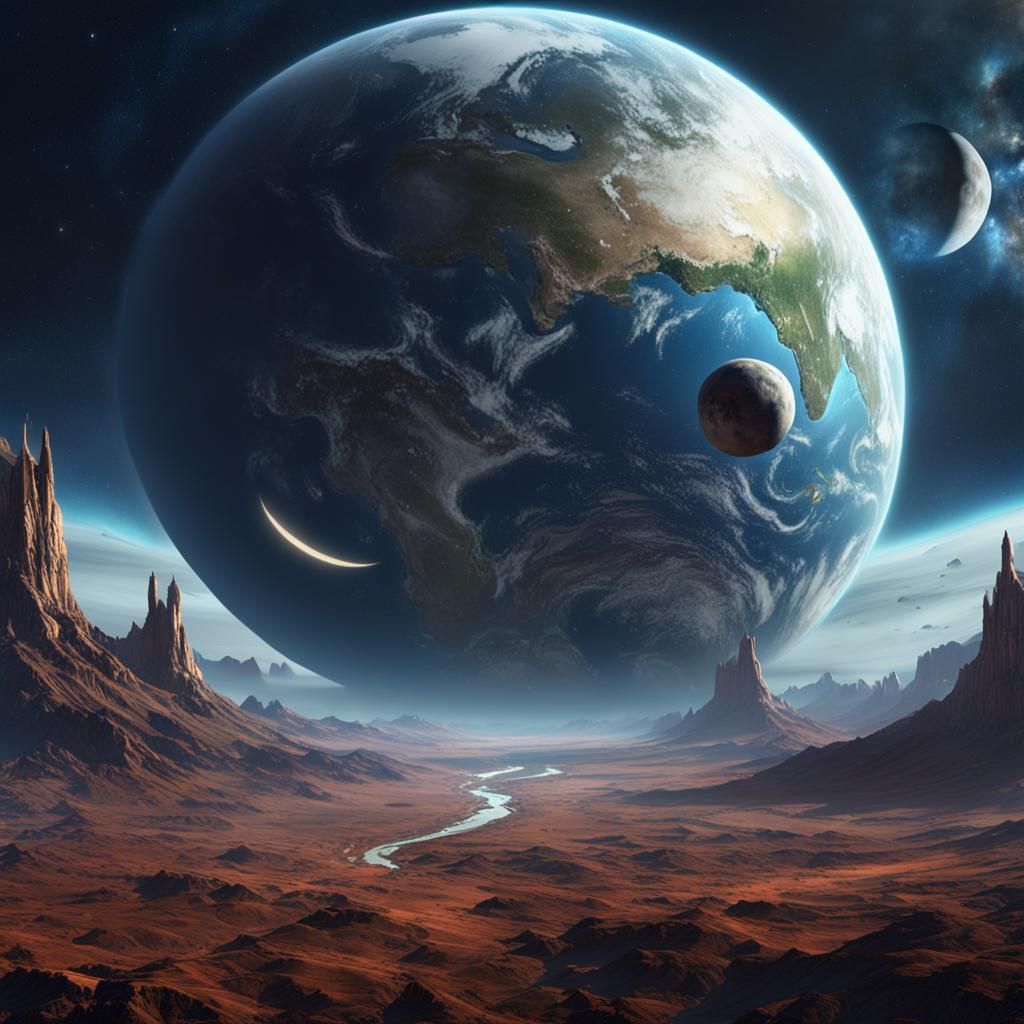 Earth and Moon Floating in Space