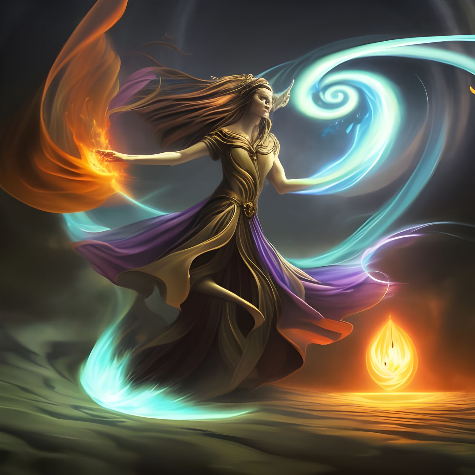 Elemental Sorceress Commanding Magical Vortex Portal