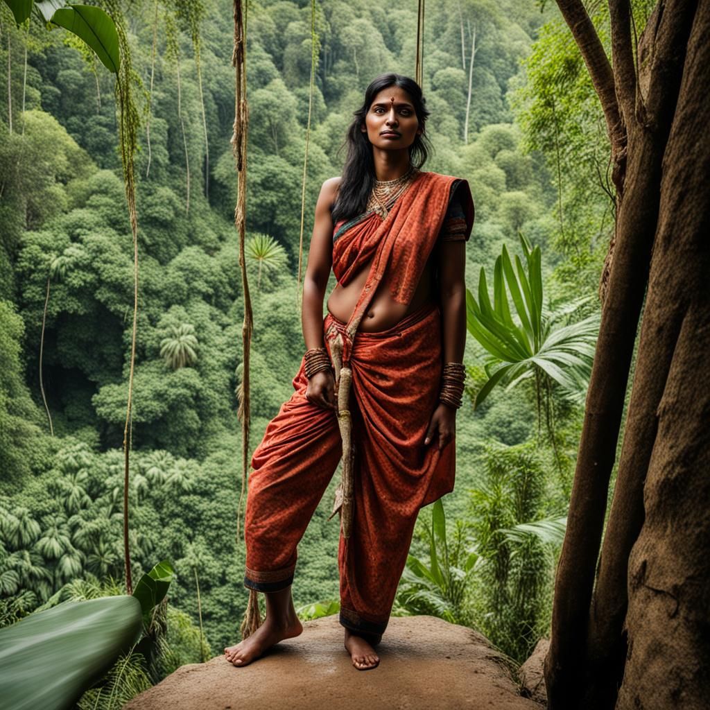 Indian Woman on Panther in Jungle