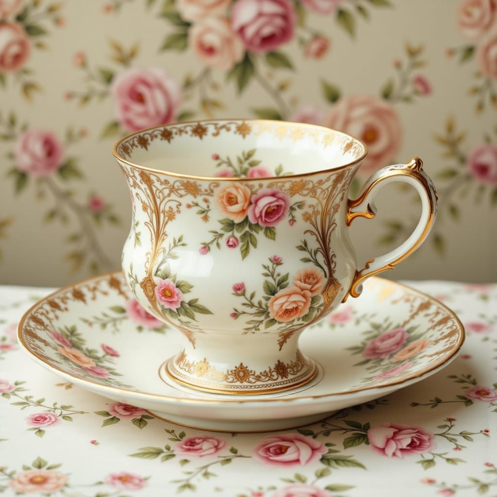 Delicate Teacup with Floral Patterns in Watercolor Style