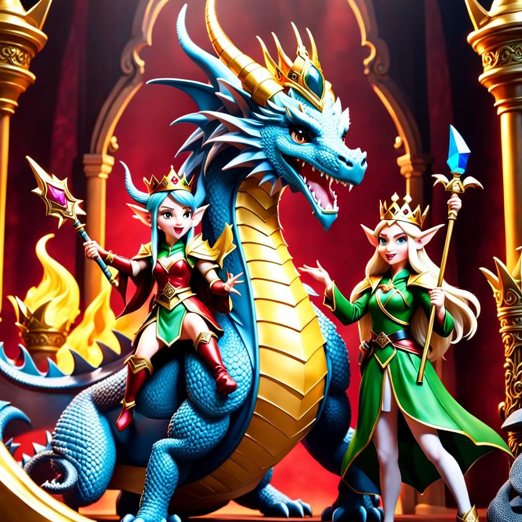 Elf Queen and Dragon Confront Thief in Treasure Room