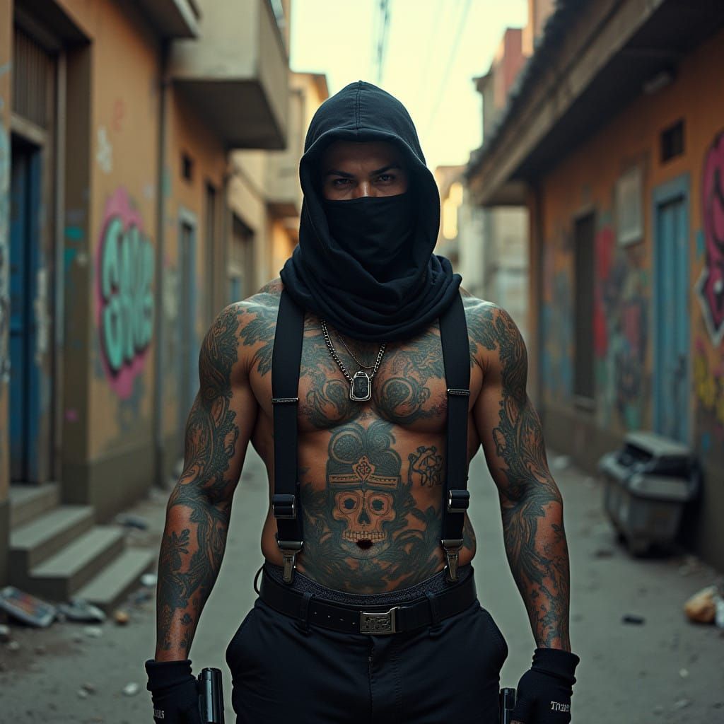 Gritty Hitman in Urban Alleyway, Film-Noir Style