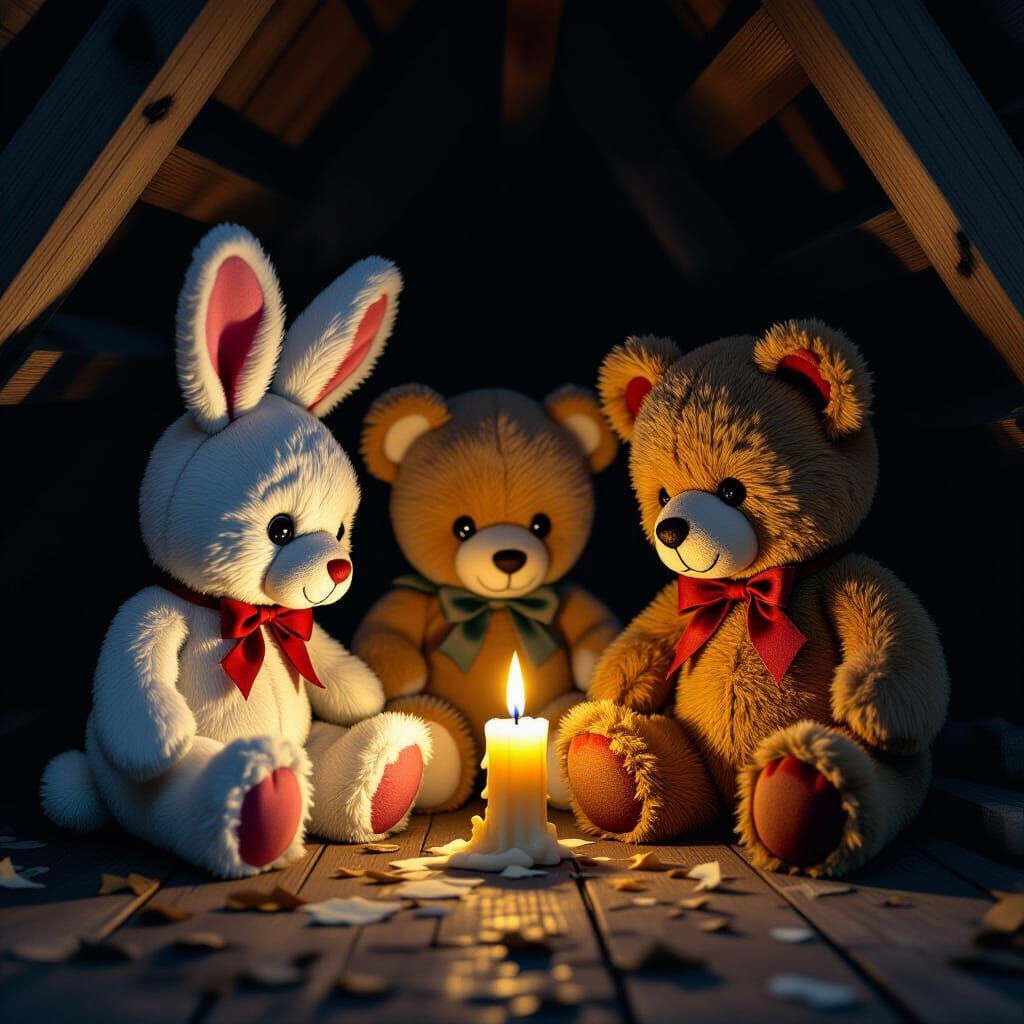 Stuffed Animals Plotting by Candlelight in Dusty Attic