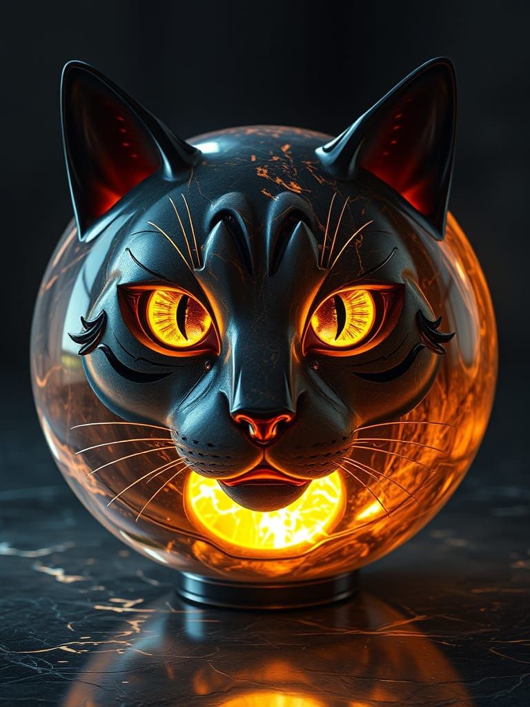 Big Shiny marble sphere with a cat's face carved into it, be...