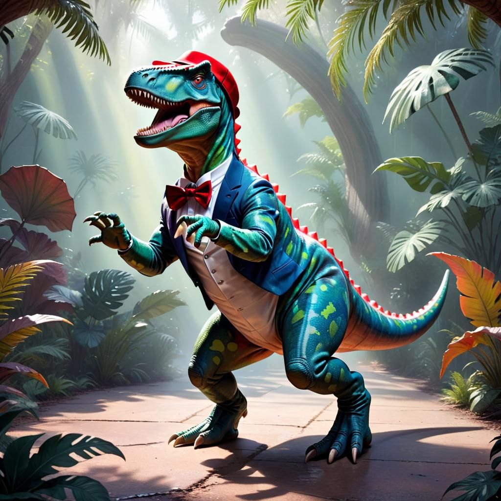 Dapper Dinosaur Dances in a Dazzling Dreamscape