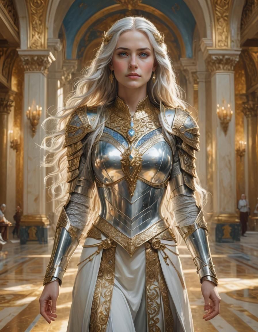 Elegant Armored Woman in Golden Hall