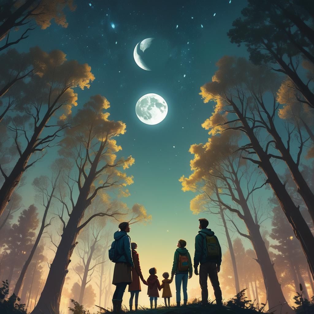 Couples Gazing at Moon in Ethereal Digital Painting