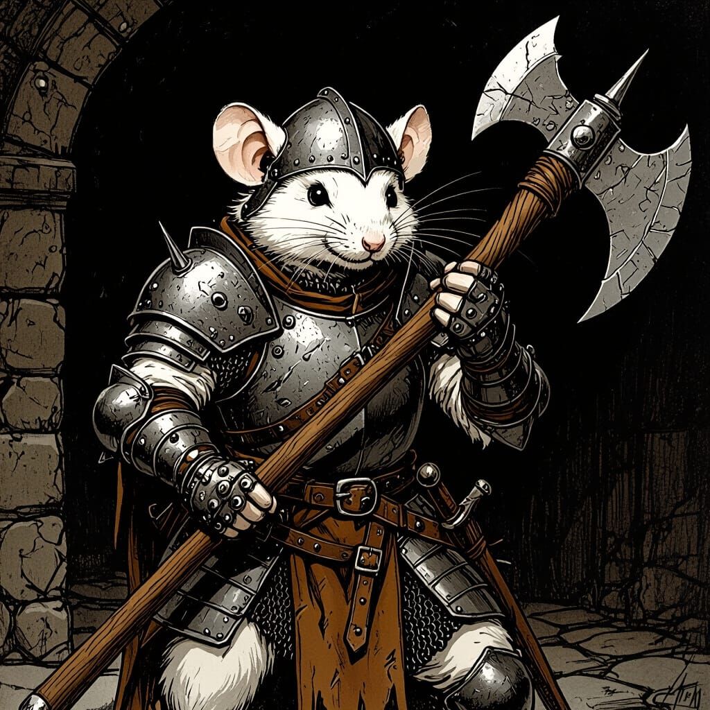 Medieval Mouse Warrior with Battleaxe, Hand-Drawn Style