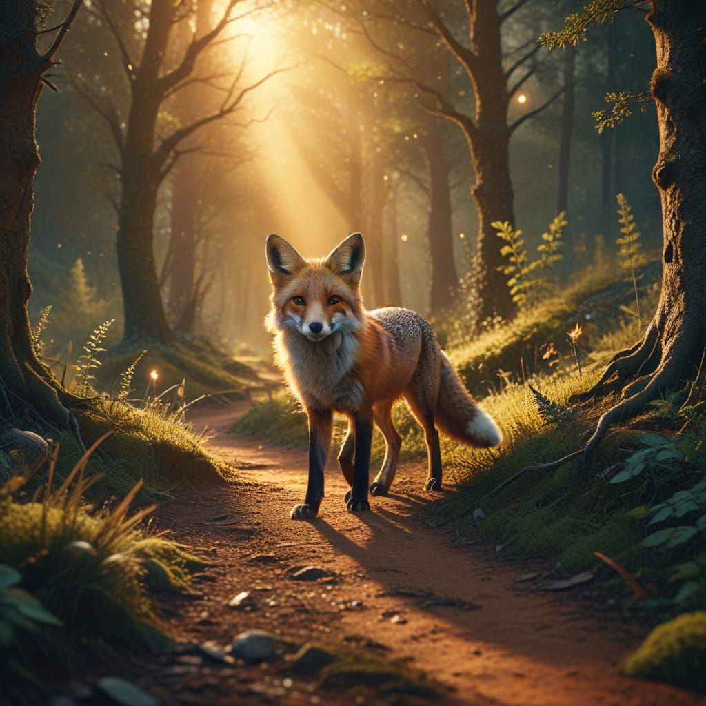 Mystical Forest Fox Illuminated by Celestial Star