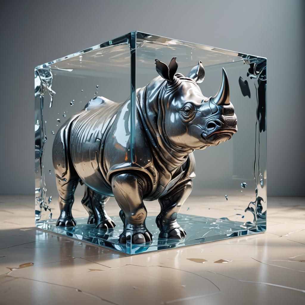 Silver Rhino Encased in Glass Cube: Hyperrealistic Art